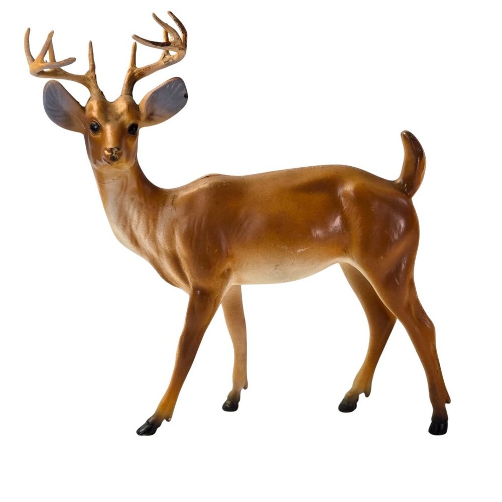 Vintage Hard Plastic Buck Deer Figurine Brown Reindeer Christmas Decor MCM 60s